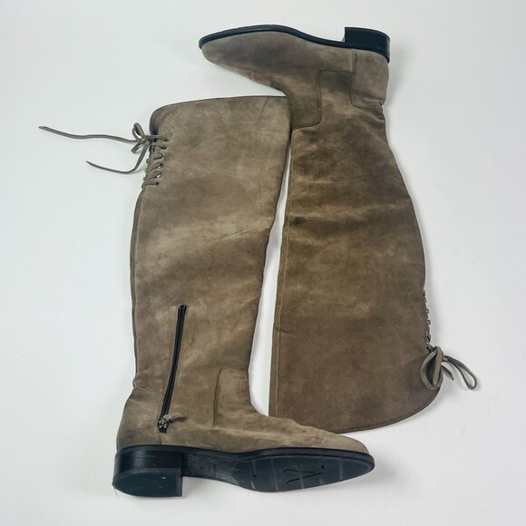 Aquatalia Tan Suede Knee High Riding boots Womens 10.5 Lace Up Zipper Italy - Picture 1 of 9